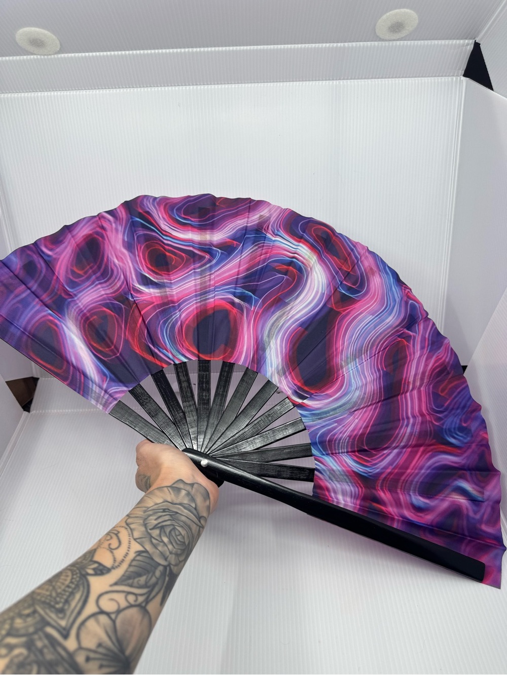 Foldable Hand Fan with Swirling Pink & Purple Pattern